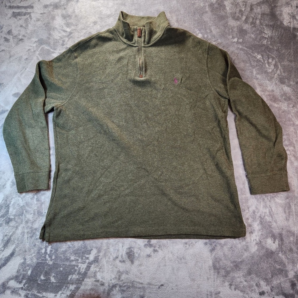 Polo Ralph Lauren Sweater Mens XL Green 1/4 Zip Mock Neck Cotton Knit Pullover